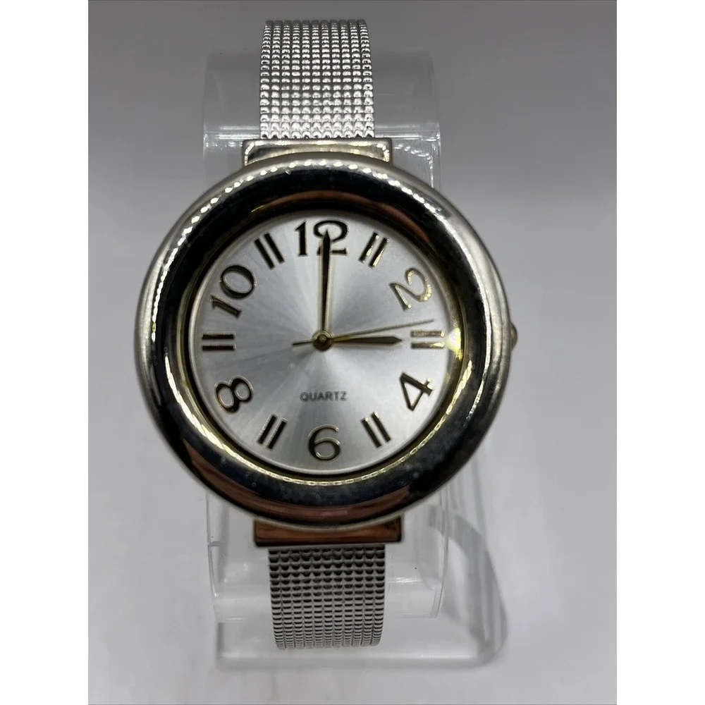 Women's Two Tone Quartz Bangle Cuff Band Watch 36mm Case-‎ New Battery